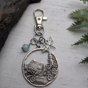 Mountain Scenic Keychain / Bag Charm with Jade Bead And Dragonfly
